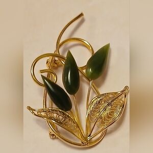 Gold Green Jade Brooch